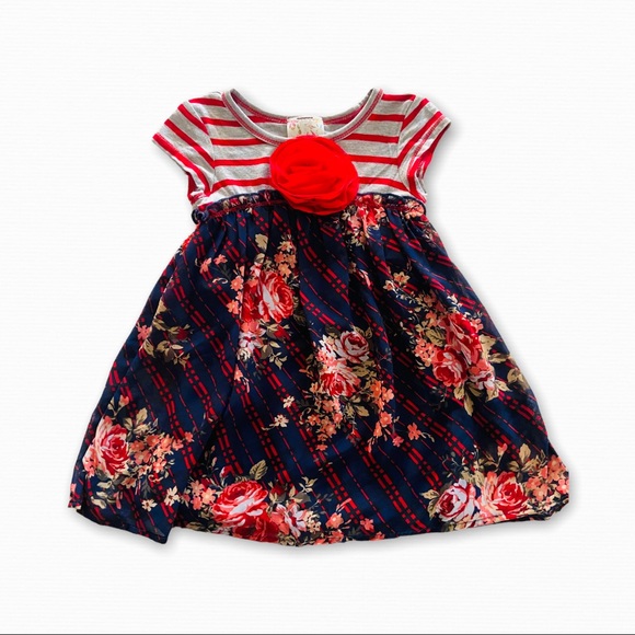 Pink Vanilla Other - Pink Vanilla Toddler Girl Grey & Red Striped Navy Floral Summer Dress Size 3T
